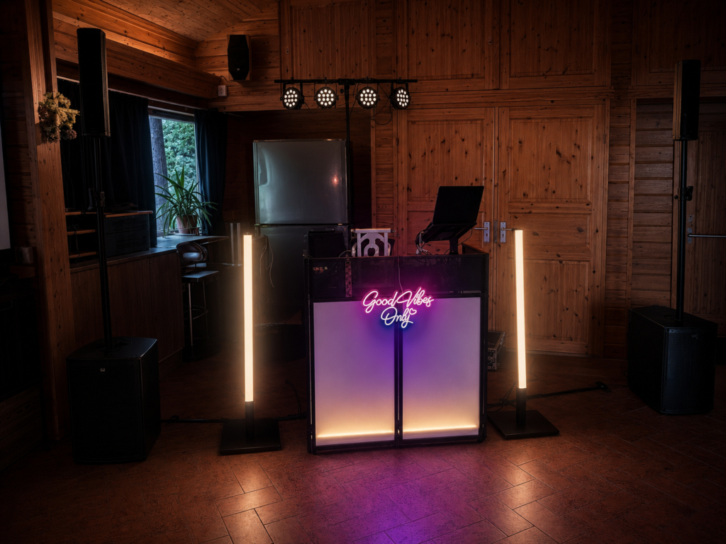 Professionele DJ-booth met geluid en sfeerverlichting tijdens een bruiloft